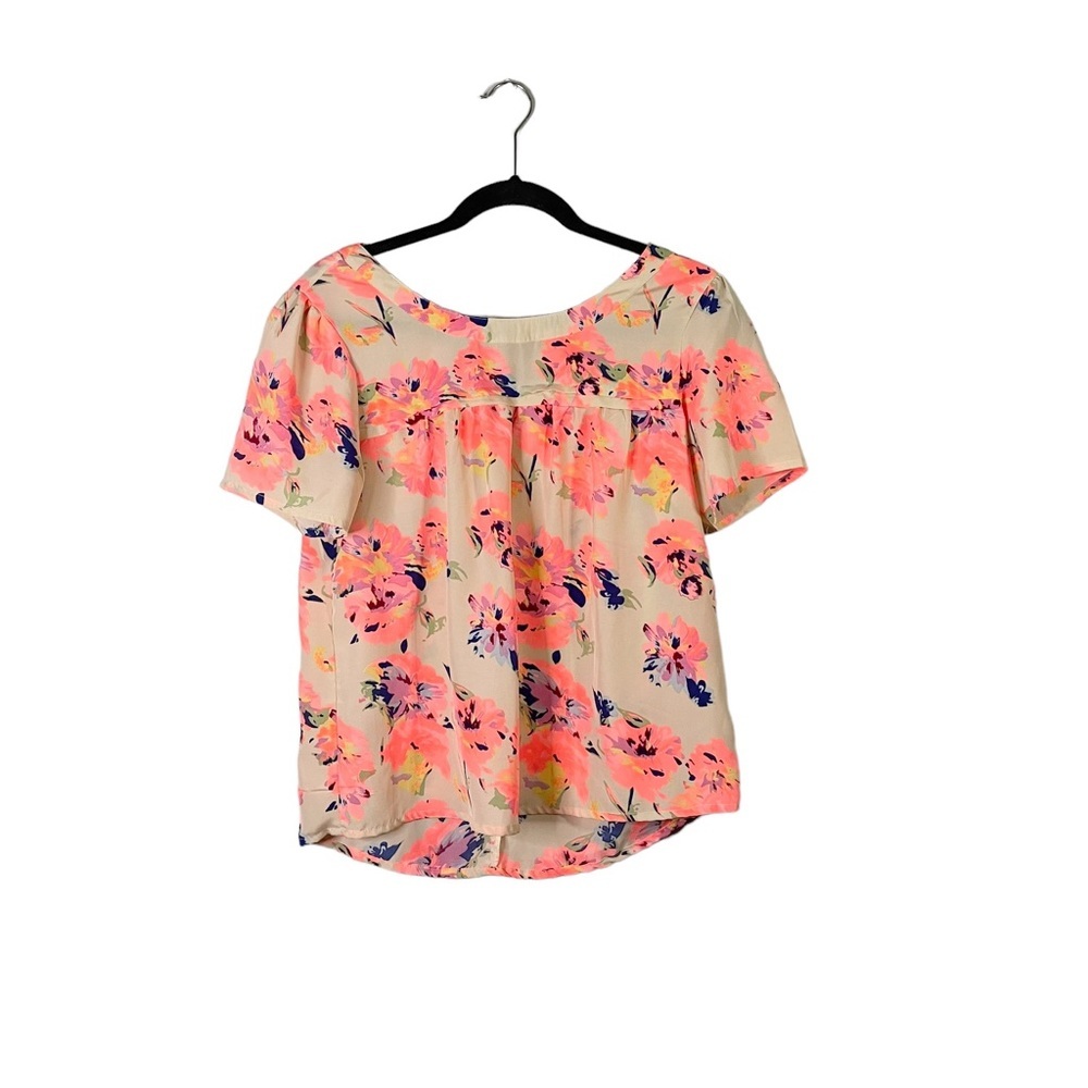 Japna Floral Lightweight Pink Short Sleeve Business Casual Blouse Size Medium